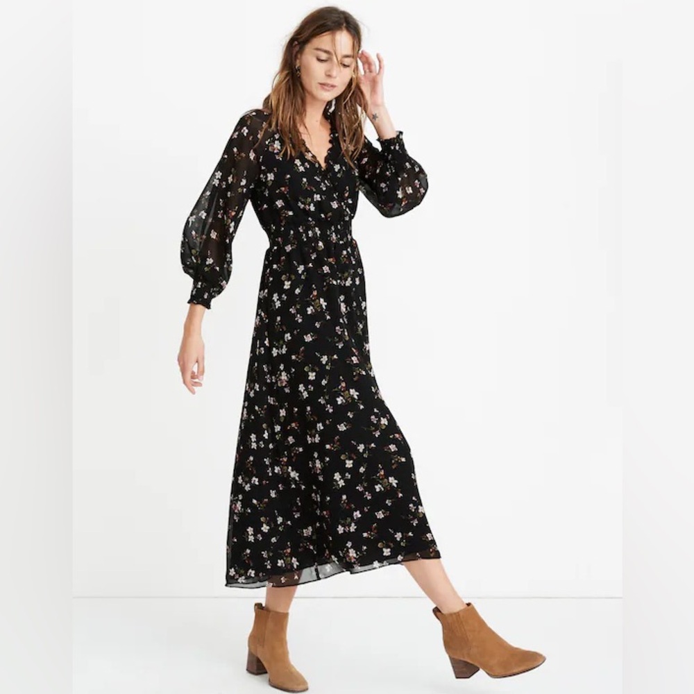 Madewell Posy‎ Floral Gathered Neck Ruffle Midi Dress Black NEW!
